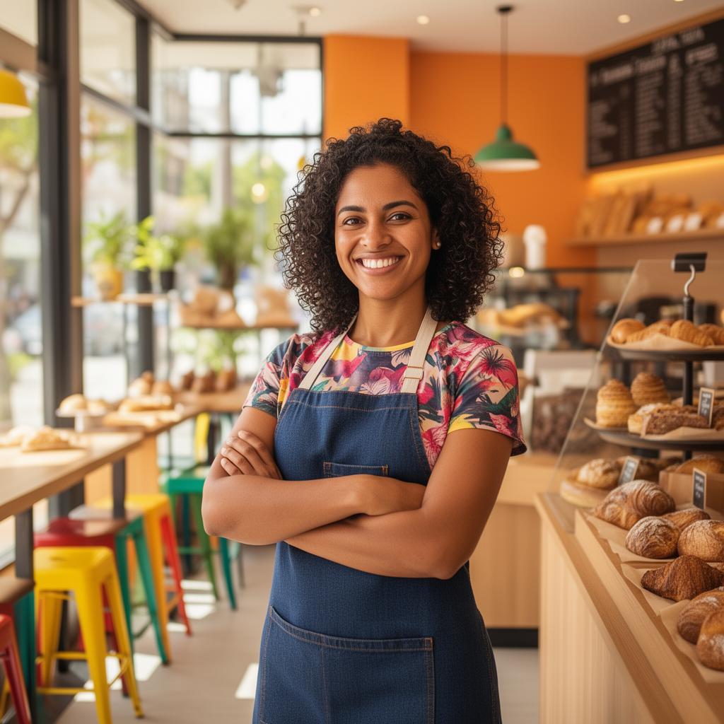 Pequena empresária brasileira sorrindo em sua cafeteria