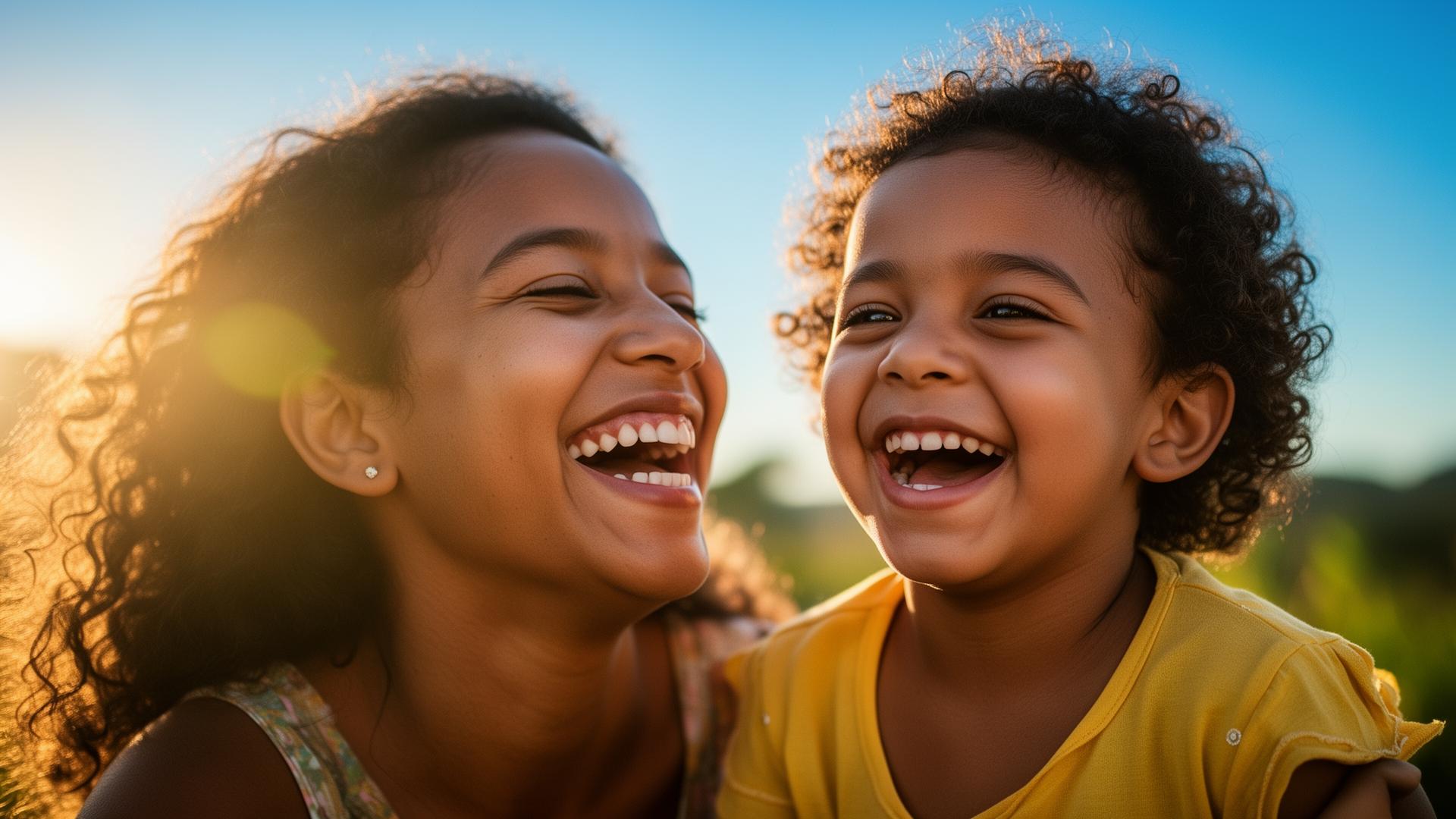 Mãe e filha brasileiras sorrindo ao pôr do sol